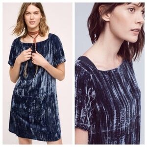 Anthropologie Floreat Blue Crushed Velvet Boho Short Sleeve Dress Pockets XS